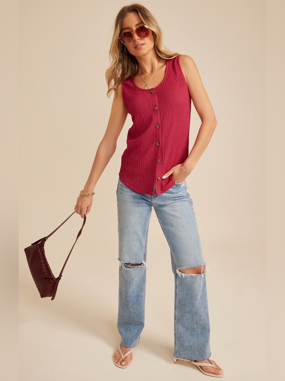 Maurices Raspberry Sleeveless Button-Front Tank Top